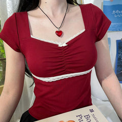 Aesthetic Lace Trim Square Collar Slim Tee