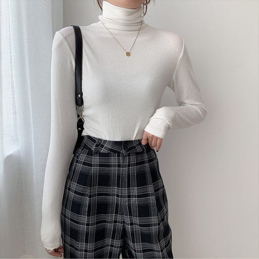 Solid Color Turtleneck Long Sleeve Knitted Tee