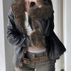 Womens Faux Fur Collar Leather Jacket