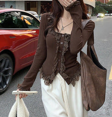 Fairy Patchwork Ruffled Lace Long Sleeve Tee