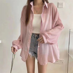 Solid Color Thin Oversized Long Sleeve Blouse - fairypeony
