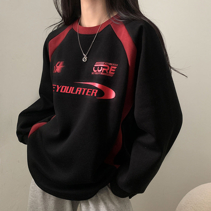 Letter Print Contrast Color Splice Sweatshirt - fairypeony