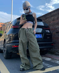 Tie Strap Parachute Baggy Cargo Pants - fairypeony