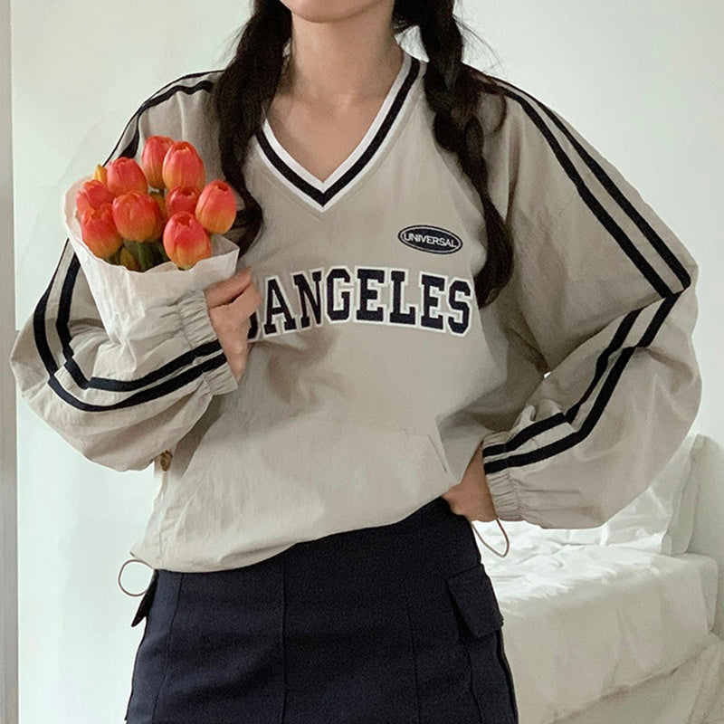 Vintage V-Neck Striped Oversized Sweatshirt