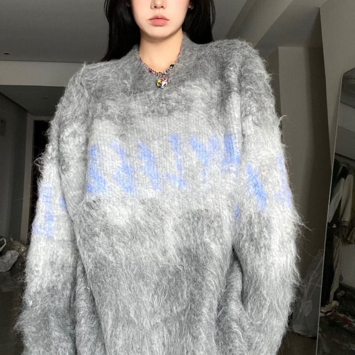 Fuzzy Contrast Color Print Oversized Sweater - fairypeony