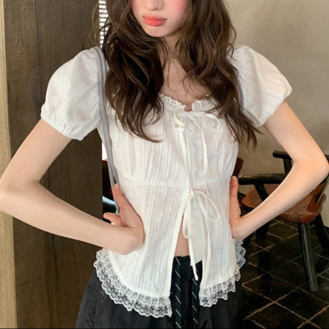 Fairy Lace Edge Puff Short Sleeve Blouse