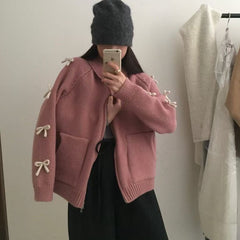 Bow Lazy Cardigan All-matching Lapel Zipper Sweater Coat - fairypeony
