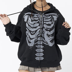 Skeleton Print Zip Up Loose Oversized Hoodie - fairypeony