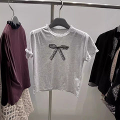 Lace Trim Bow Print Short Sleeve Tee