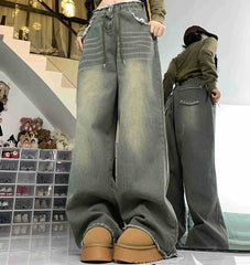 Vintage Wash Drawstring Raw Trim Boyfriend Jeans