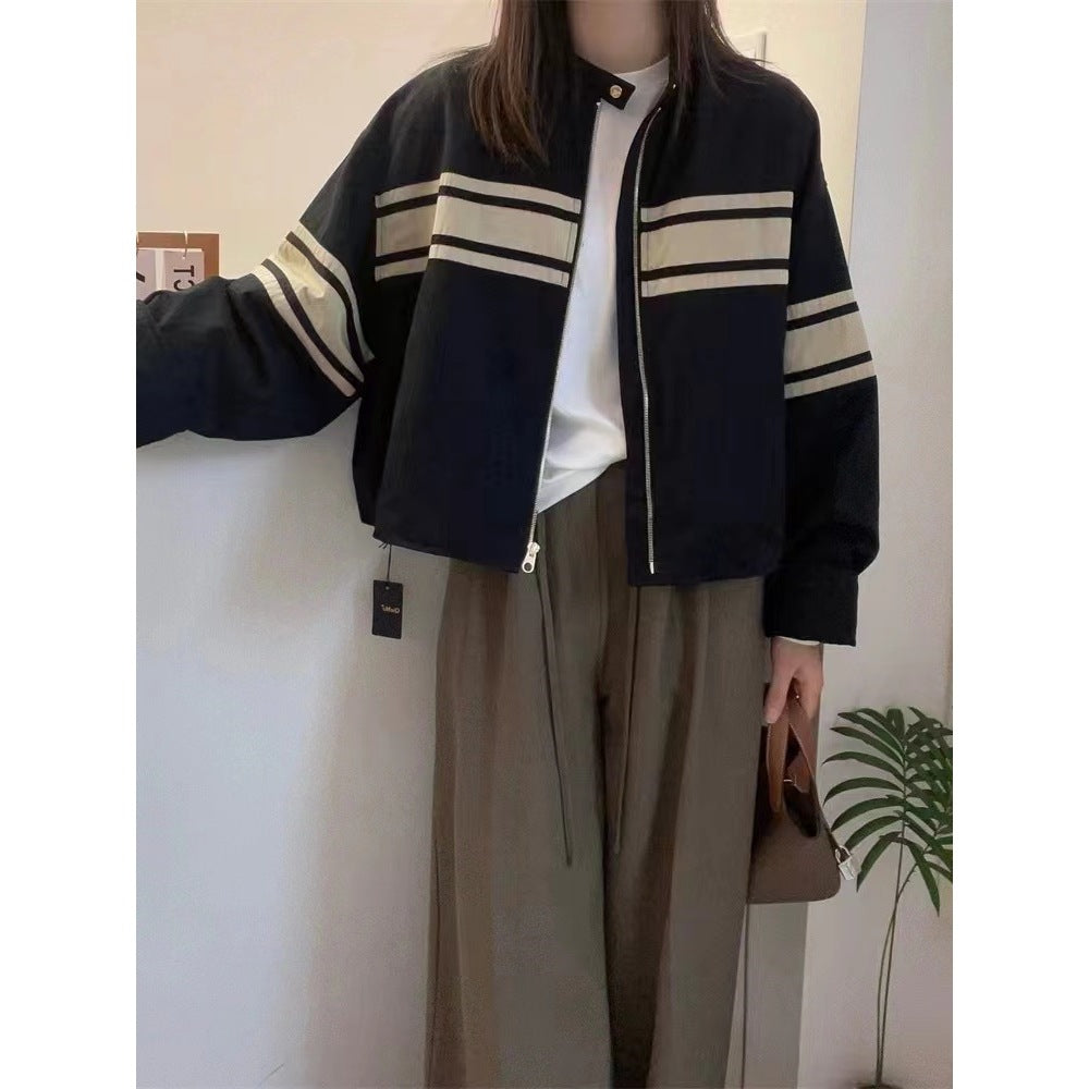 Striped Oversized Bomber Zip UP Jacket - fairypeony