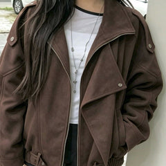 Retro foldable collar suede coat in brown, worn open