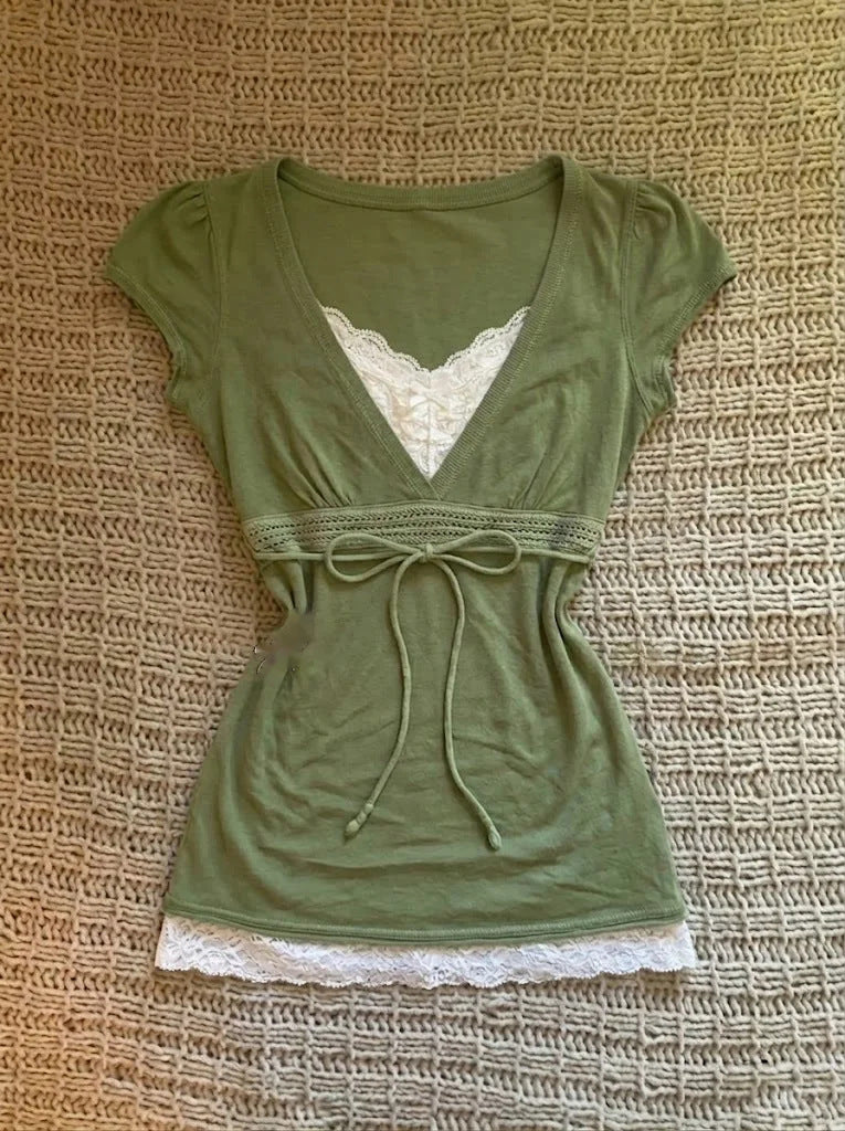 2000s Olive Green Lace V-Neck Top – Drawstring Tie Faux Two-Piece Cap Sleeve S–L