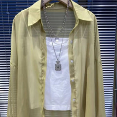 Solid Color Thin Oversized Long Sleeve Blouse - fairypeony