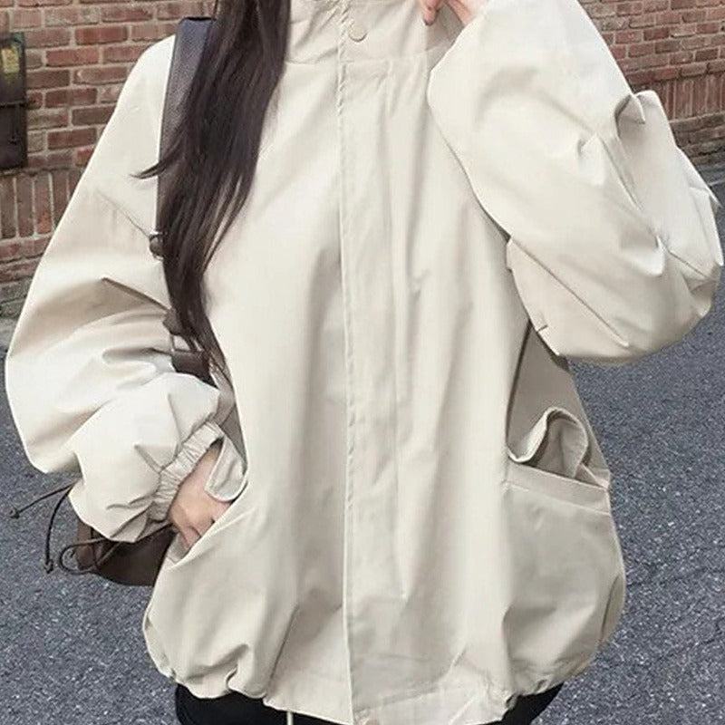 Retro stand collar oversized short trench jacket, front view