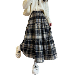 High-Waist A-Line Brushed Plaid Mid-Length Cake Skirt