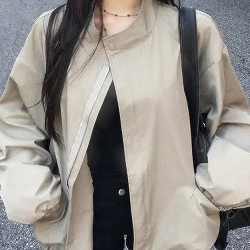Retro stand collar oversized short trench jacket in khaki, street style