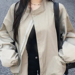 Retro stand collar oversized short trench jacket in khaki, street style