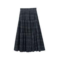 High-Waist Plaid Tiered Skirt Elastic Waist Cotton Long Skirt