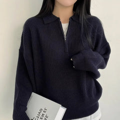 Solid Color Half Zipper Polo Collar Sweater