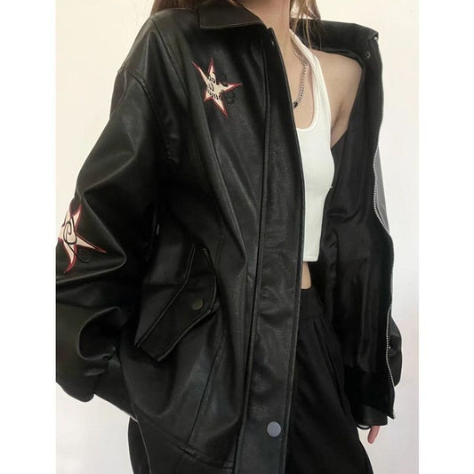Vintage Embroidered Star Pu Leather Jacket - fairypeony