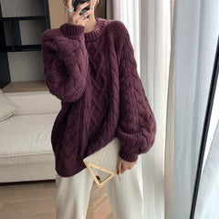 Round Neck Solid Color Cable Knit Sweater
