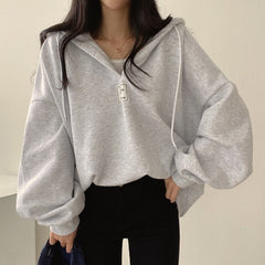 V-Neck Solid Color Oversized Hoodie