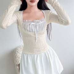 Lace Patchwork Bow Long Sleeve Knot Tee