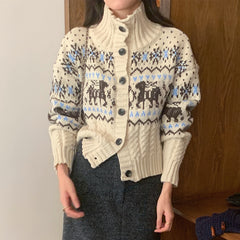 Vintage Print Stand Collar Button Cardigan
