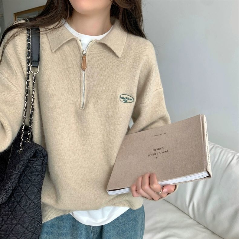 Polo Collar Zippered Knit Sweater