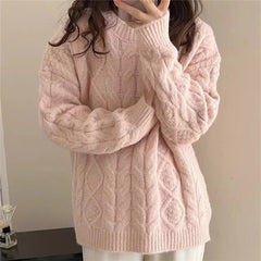 Solid Color Round Neck Cable Knit Sweater