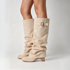 Retro Pleated Suede High-Top Riding Boots – Plush Lined Chunky Heel Ankle Boots