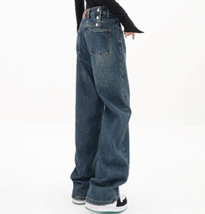 Three Button Baggy Wide Leg Boyfriend Jeans - fairypeony