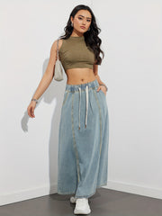 Elastic Waist Drawstring Flared Denim Skirt