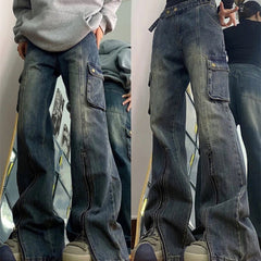 Zip Up Cargo Pocket Straight Leg Washed Jeans - fairypeony