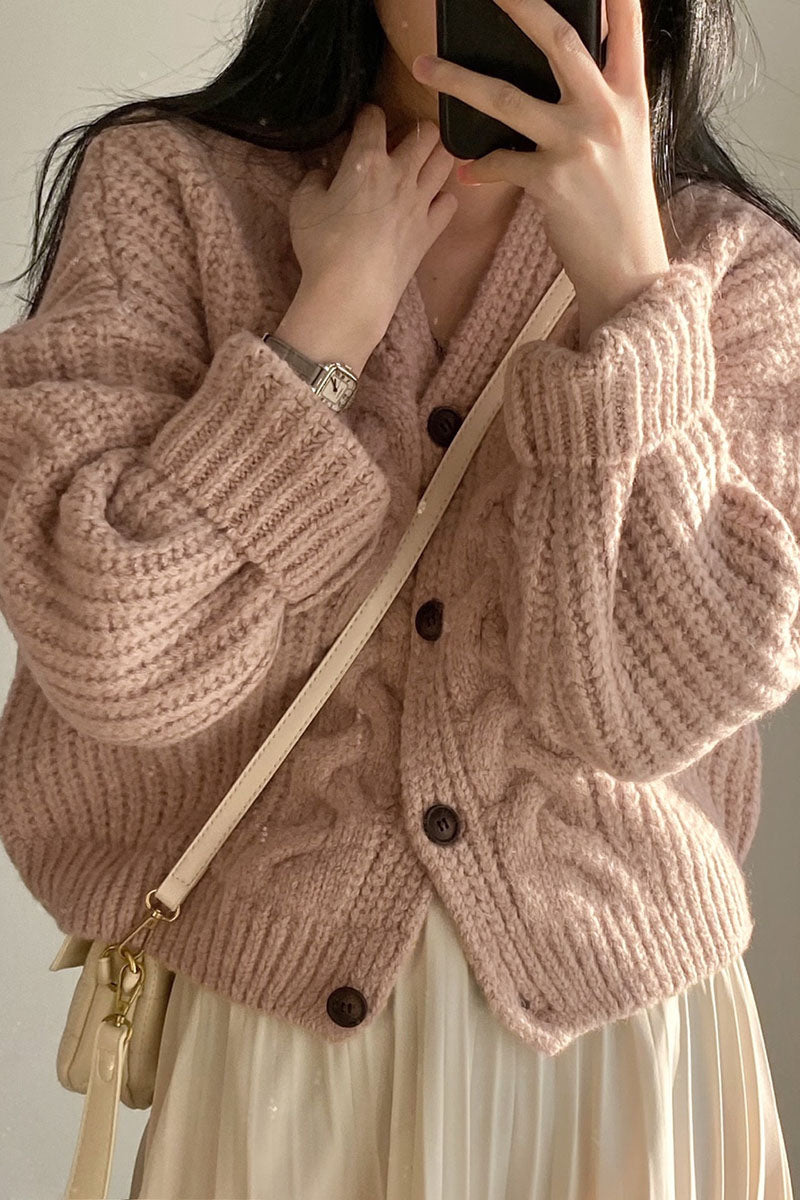 Solid V Neck Puff Sleeve Cable Knit Cardigan - fairypeony