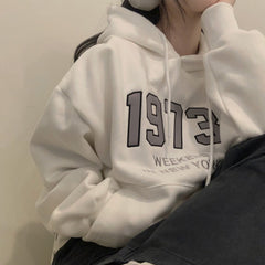 Vintage Solid Color Letter Embroidered Hoodie