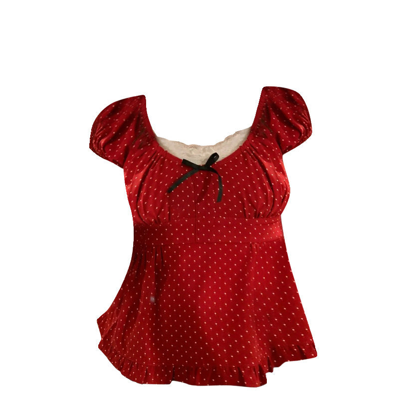 Polka Dot Bow Patchwork Short Sleeve Tee