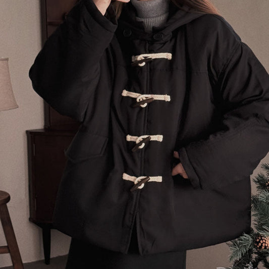 Cow Horn Button Insulated Hooded Cotton Coat – Padded Toggle Winter Jacket in 2 Colours