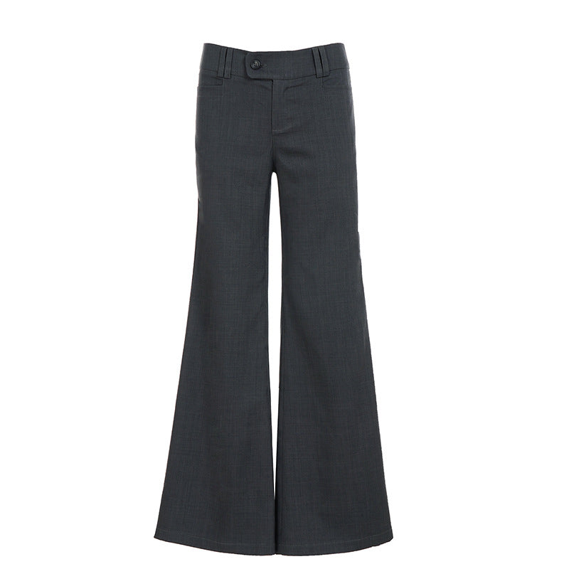 2000s Vintage Low-Rise Woven Wide-Leg Trousers – Dark Grey, S–L