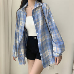 Vintage Plaid Oversized Loose Blouse