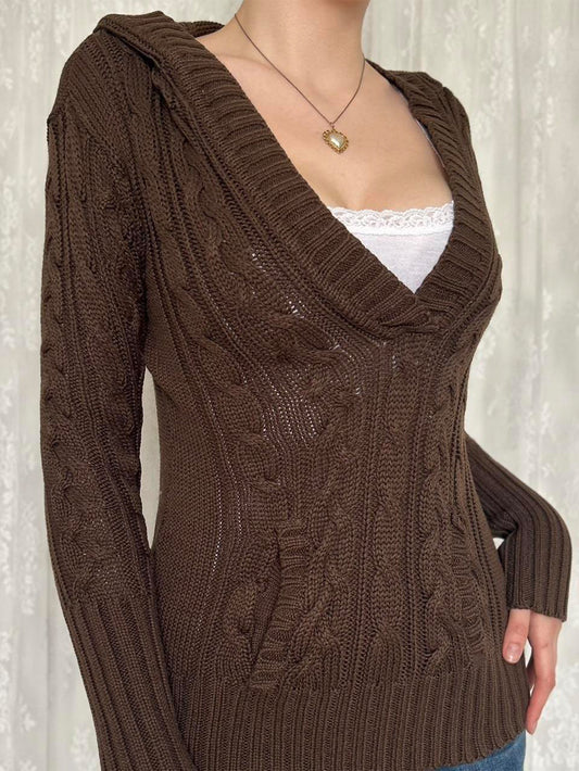 2000s V-Neck Cable Knit Slim Pullover Sweater – Long Sleeve in Brown, S–XL