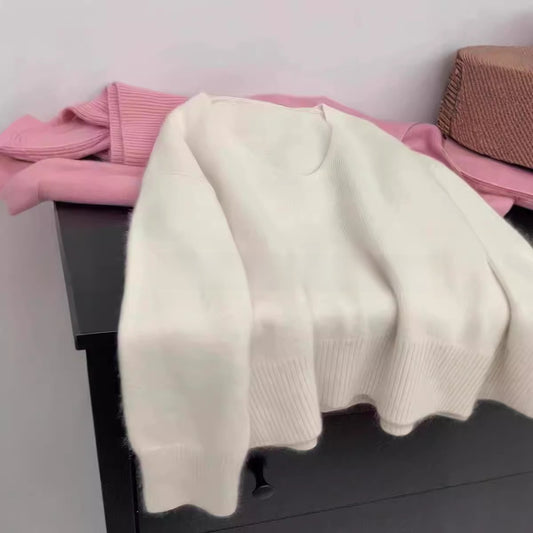 Knitted Pullover Sweater – Raccoon Fur-Blend V-Neck in 7 Colours One Size