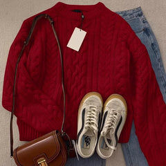 Vintage Round Neck Cable Knit Oversized Sweater