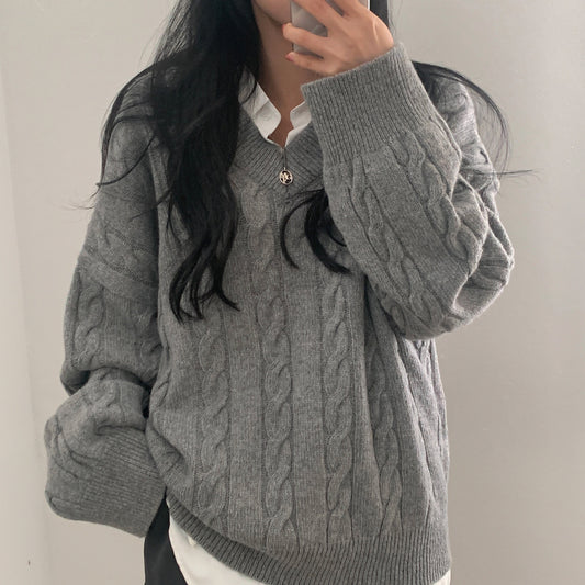 Dark Academia Cable Knit V-Neck Sweater