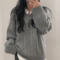 Dark Academia Cable Knit V-Neck Sweater