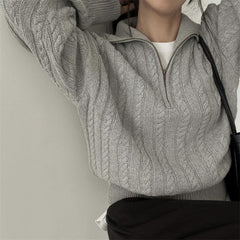 Dark Academia Half Zip Up Cable Knit Sweater