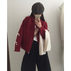 Bow Lazy Cardigan All-matching Lapel Zipper Sweater Coat - fairypeony