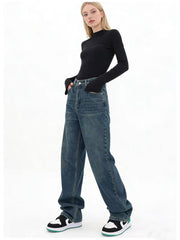Vintage Washed Distressed Wide-Leg Jeans – High Waist Street Style Denim