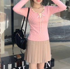 Ruffled Lace Trim Front Tie Long Sleeve Tee